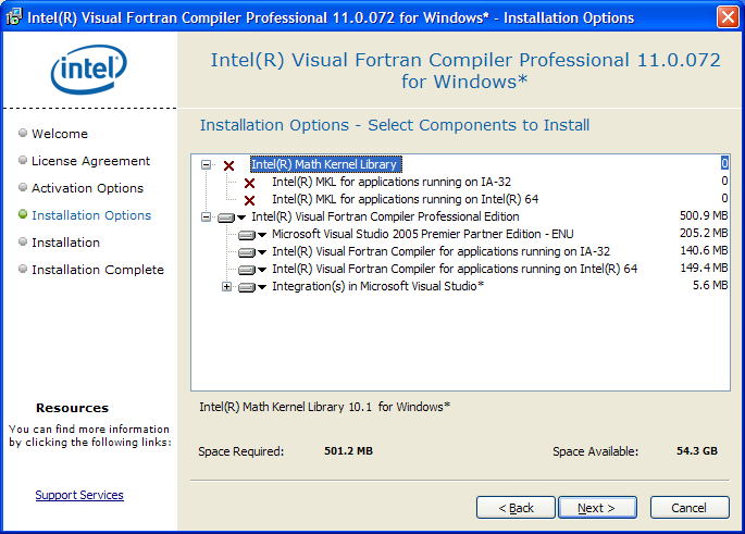 Intel Fortran 11.0 component selection