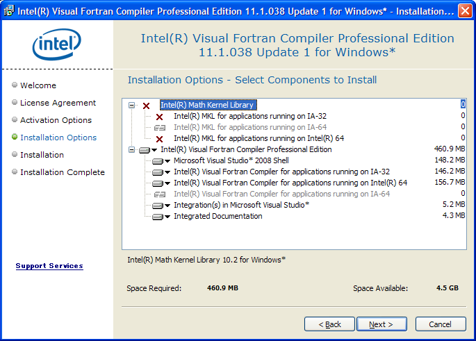 Intel Fortran 11.1 component selection