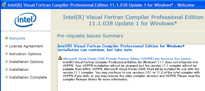 Intel Fortran 11.1 Pre-requisite Issues Warning