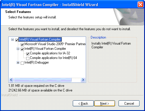 Intel Fortran IA-32 component selection